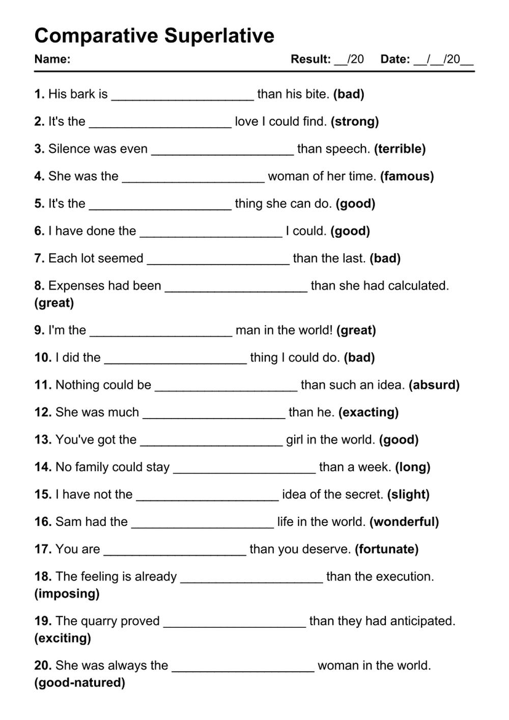 Comparative And Superlative Adjectives Grammar Worksheets For Grade 3 Made By Teachers