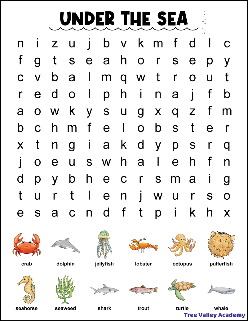 1st Grade Ocean Word Search Tree Valley Academy