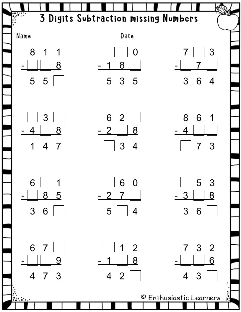 3 Digit Subtraction Missing Numbers Worksheets Find The Minuend Subtrahend Or Difference Math Teaching Resources 3 Digit Subtraction Missing Numbers Worksheets Find The Minuend Subtrahend Or Difference Math Teaching Resources