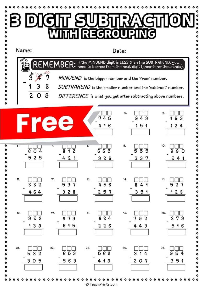 3 Digit Subtraction With Regrouping Worksheets Teach Prints 3 Digit Subtraction With Regrouping Worksheets Teach Prints