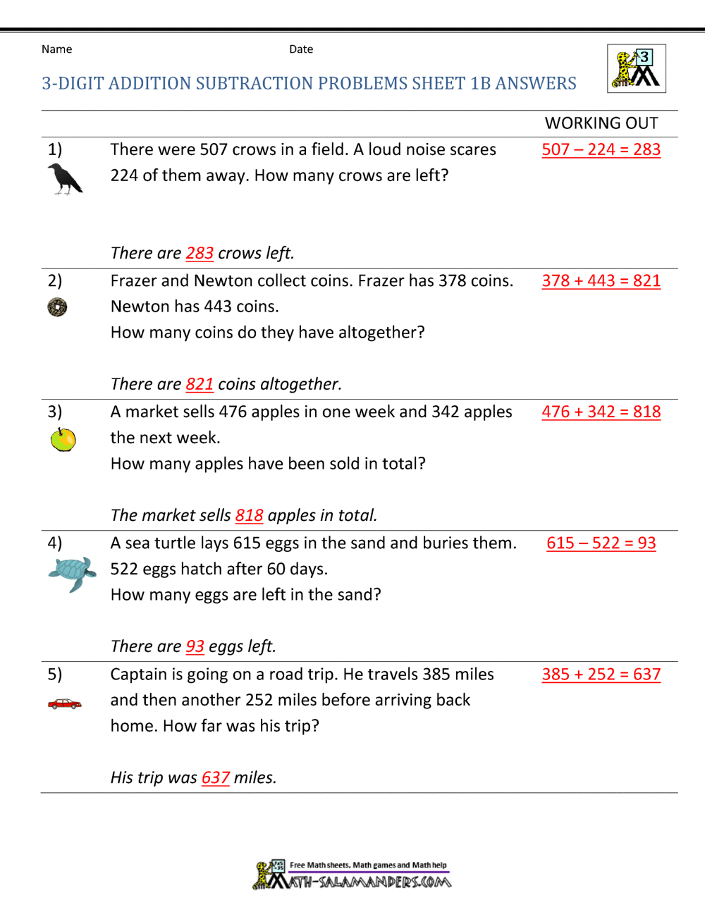 Word Problems Involving Addition And Subtraction Grade1to6