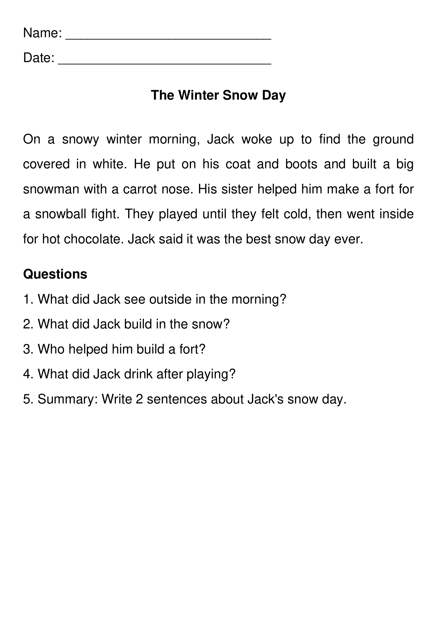 3rd Grade Reading Comprehension Worksheets Printable Passages Questions
