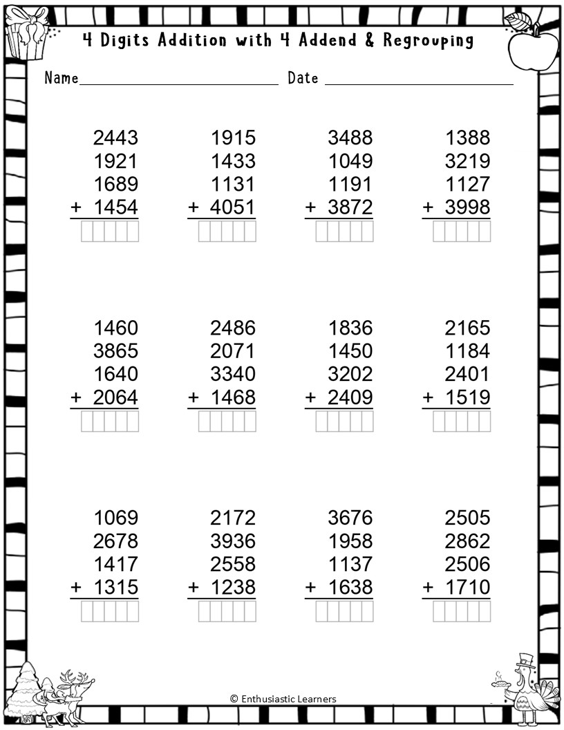 4 Digits Addition With 4 Addends With Without Regrouping Worksheets Math Problems Teaching Resources