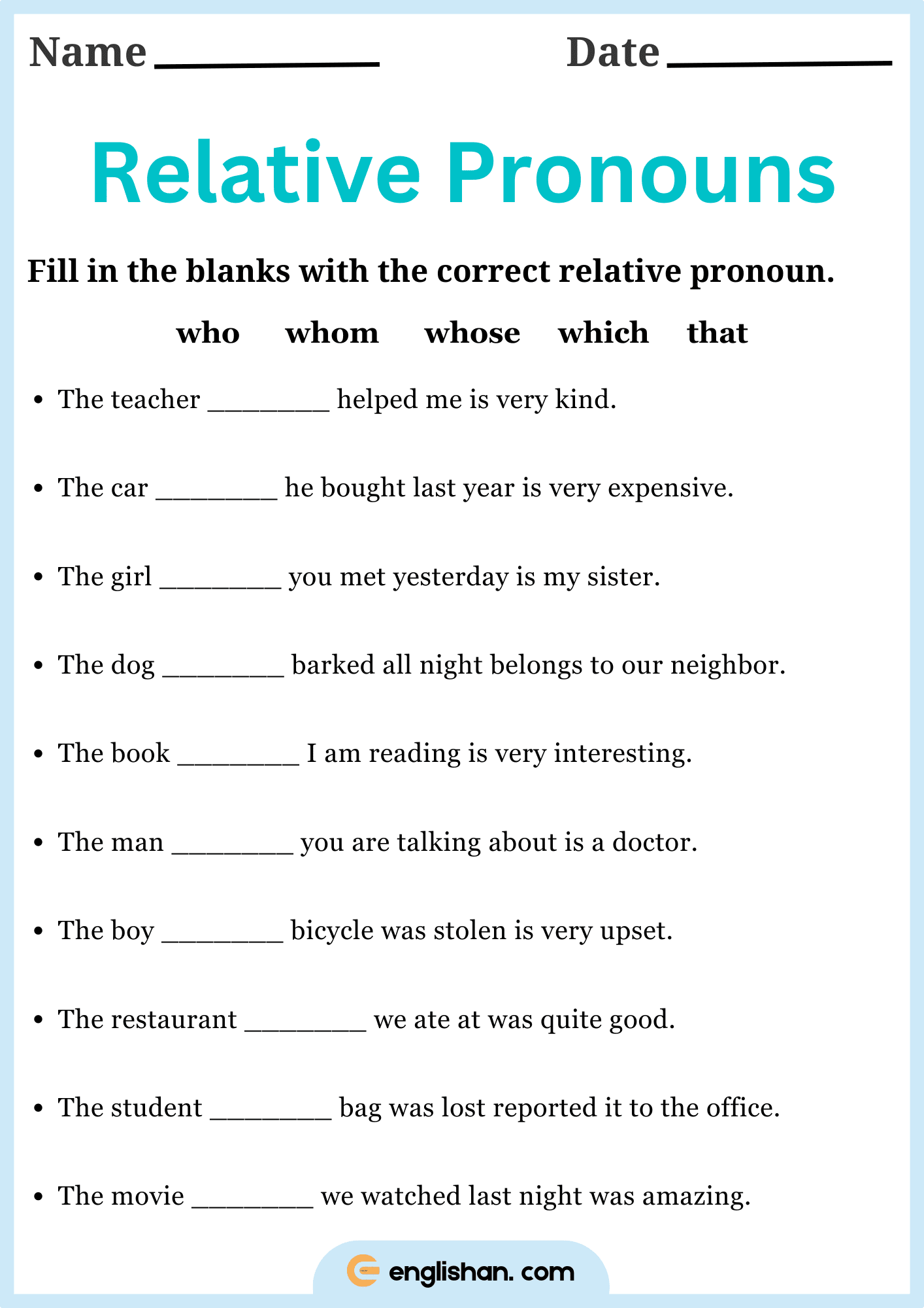 5 Printable Relative Pronouns Worksheets With Answers Englishan