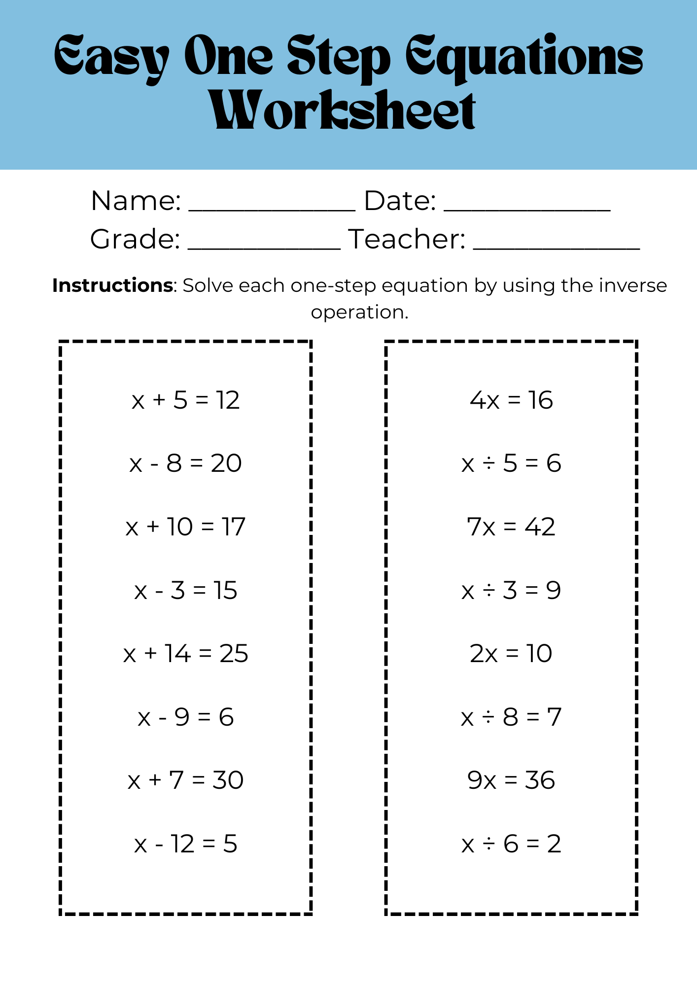 Pre Algebra Equations One Step Equations Containing Integers Worksheets Made By Teachers