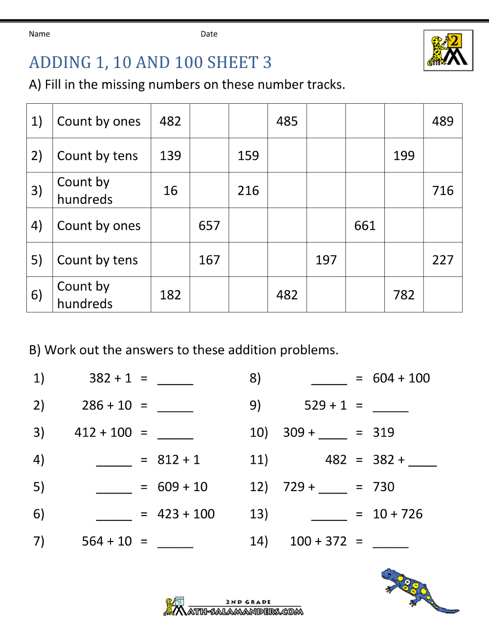 Adding 1 10 100 Worksheets