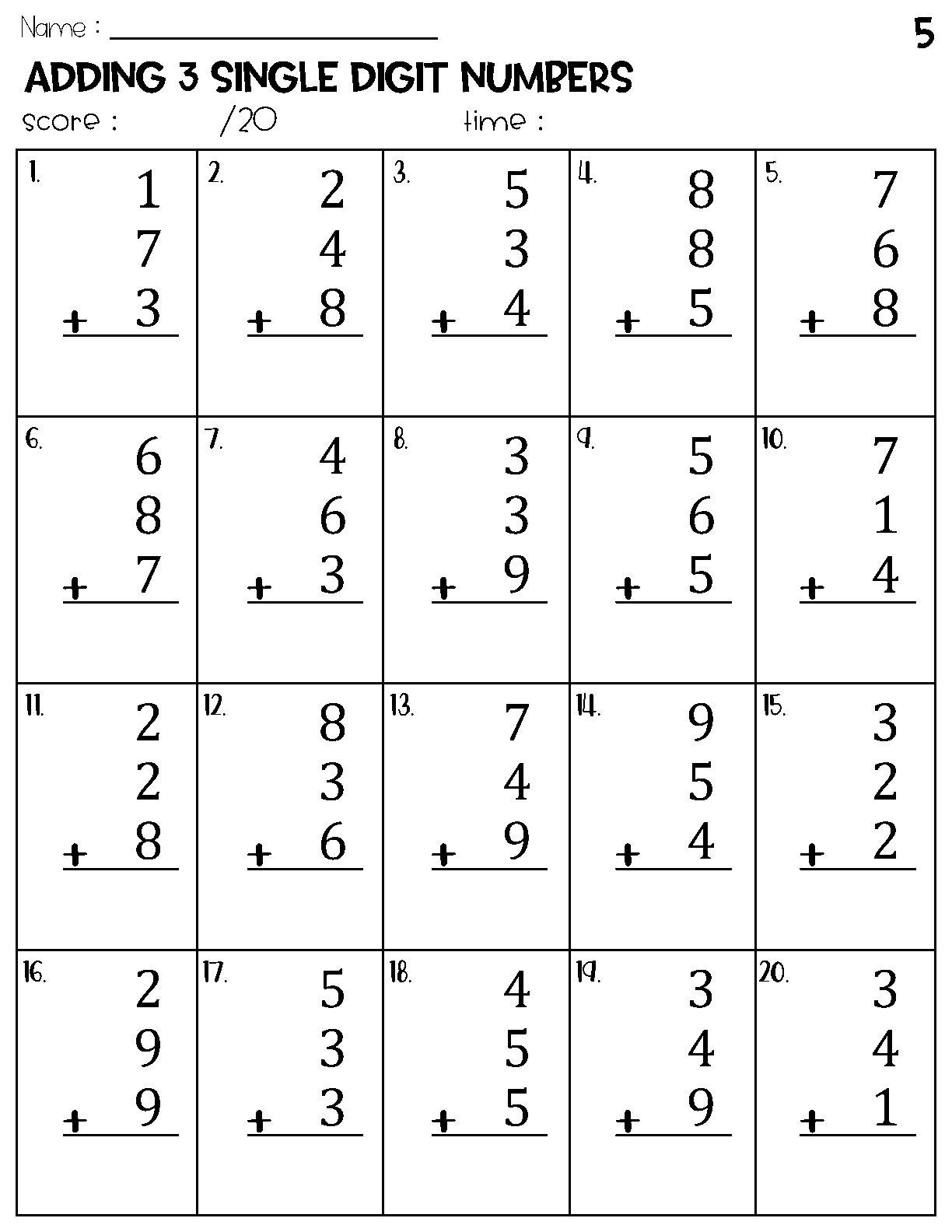 Adding 3 Single Digit Numbers Worksheets Math Timed Test Addition Etsy Adding 3 Single Digit Numbers Worksheets Math Timed Test Addition Etsy