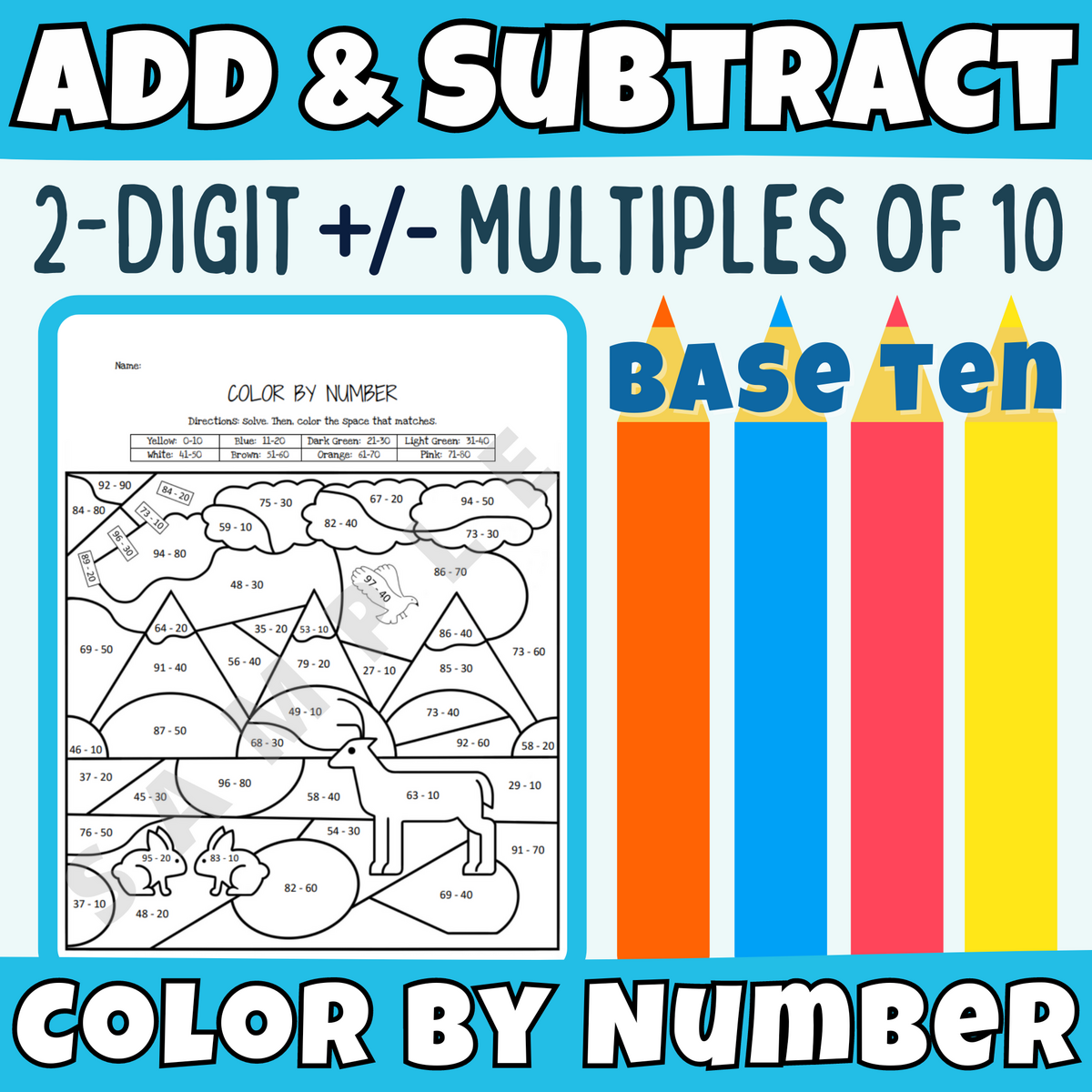 Adding And Subtracting Base Ten Place Value Two Digit Numbers Color By Number Activity Worksheet K 5 Teachers Students Classful