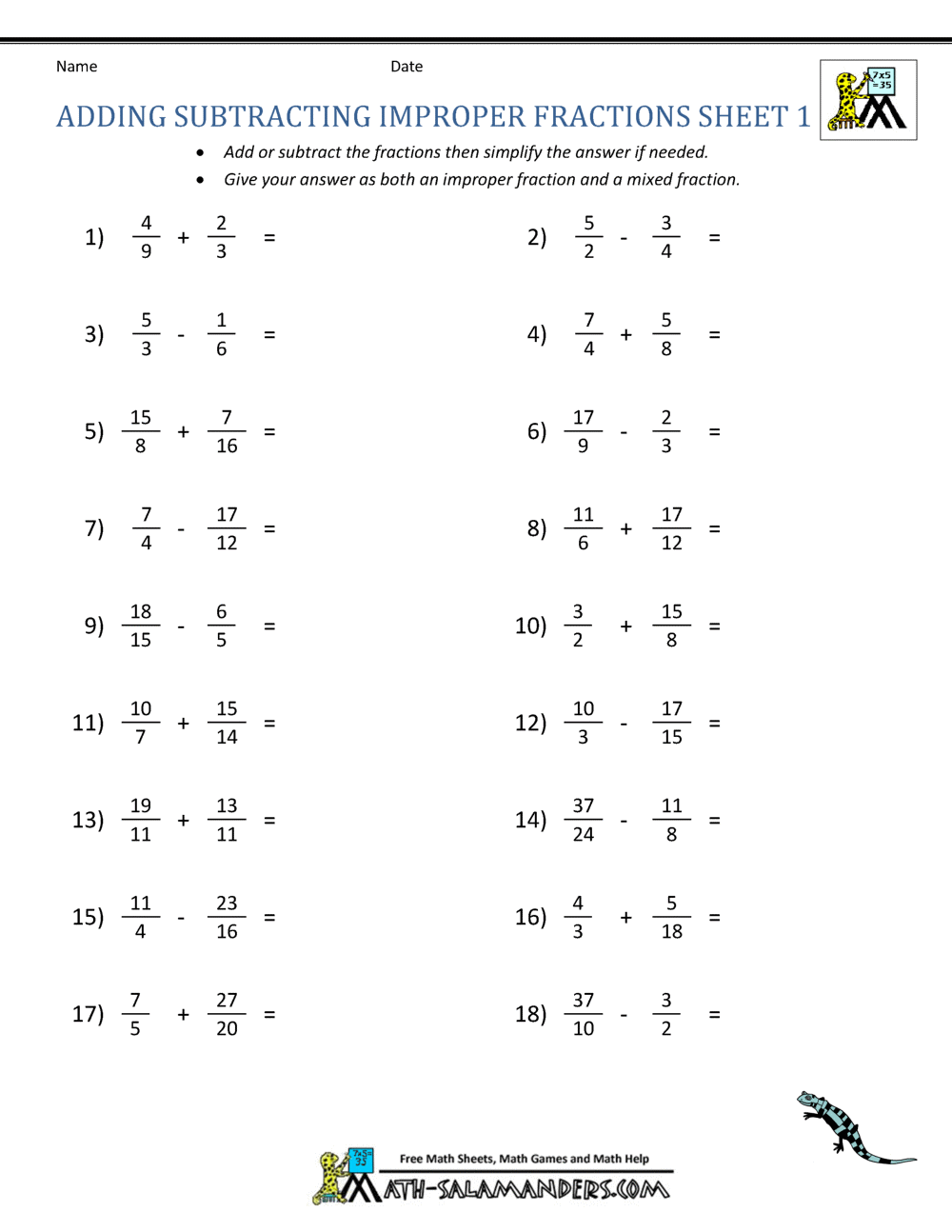 Adding Subtracting Fractions Worksheets