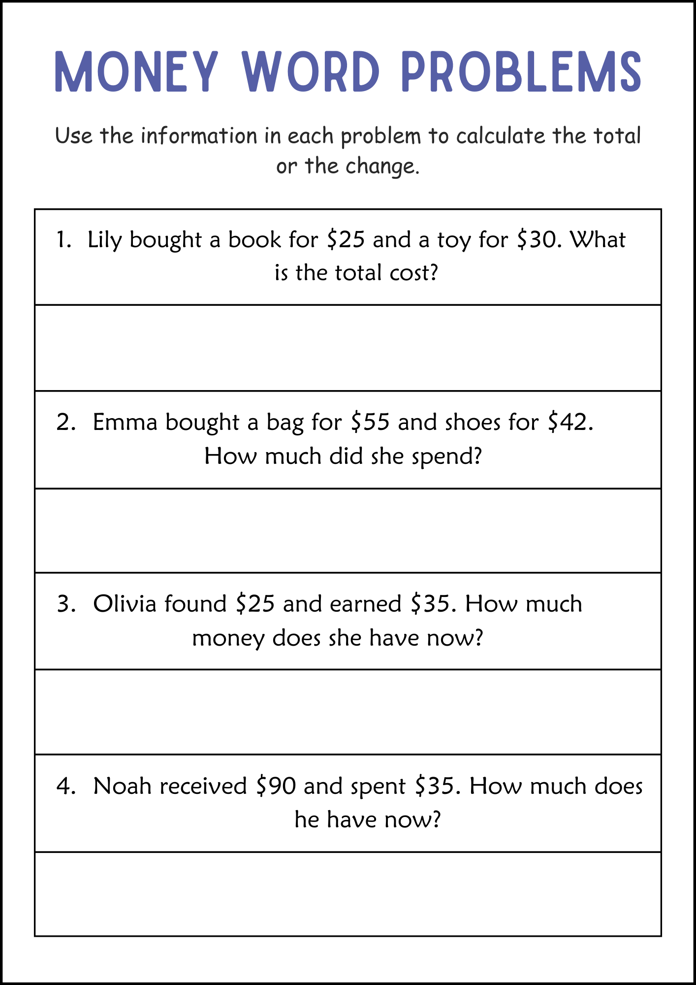 Addition And Subtraction Money Word Problems Math Worksheets For Grade 2 3 Made By Teachers
