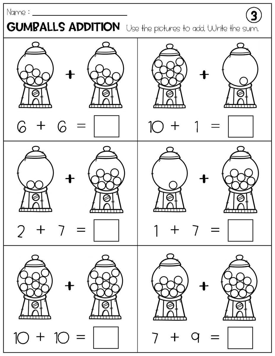 Addition With Pictures Sum Up To 20 Worksheets Adding Gumballs Pictures Math Worksheets Printable Etsy