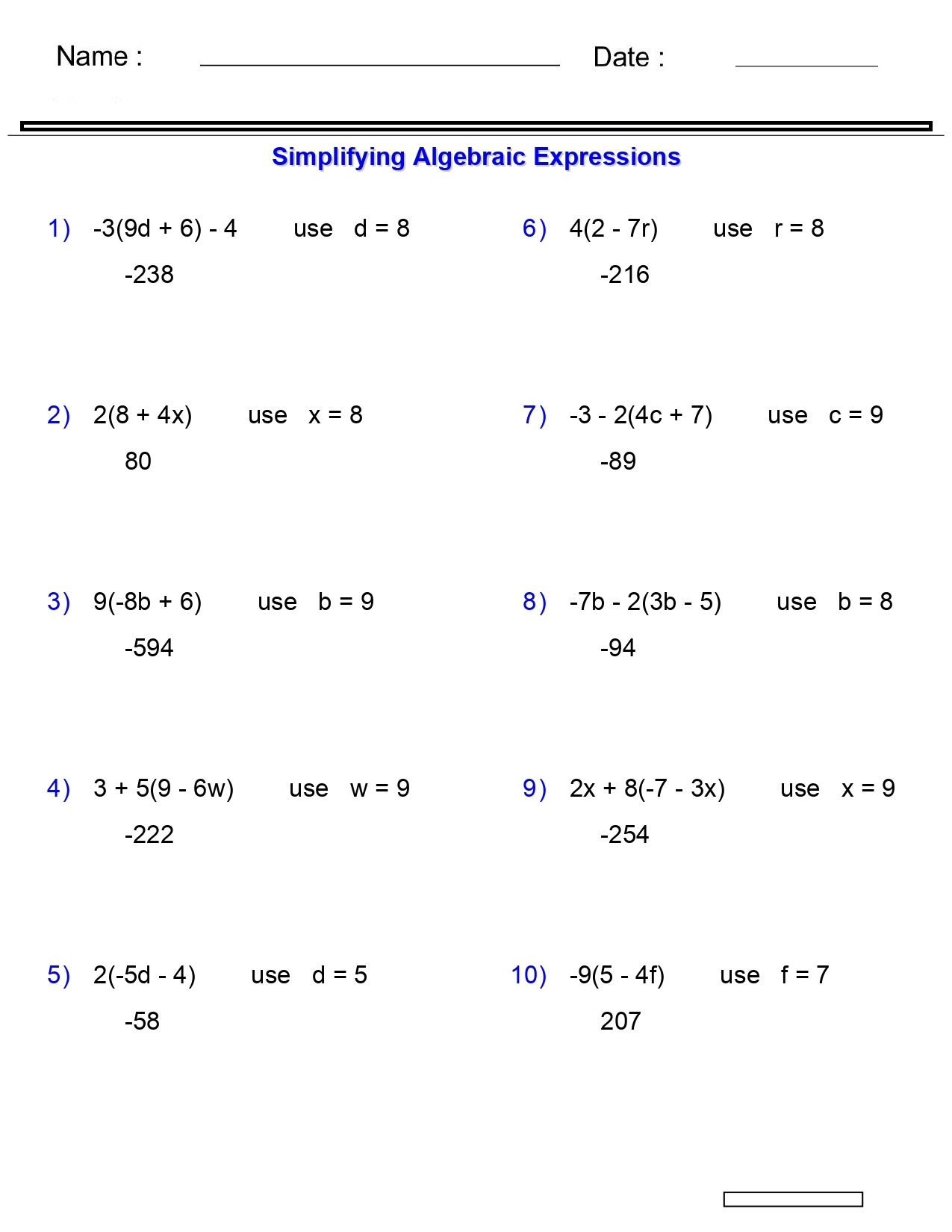 Algebraic Expressions Worksheets Evaluating One Variable Worksheets 3 4 Terms Made By Teachers