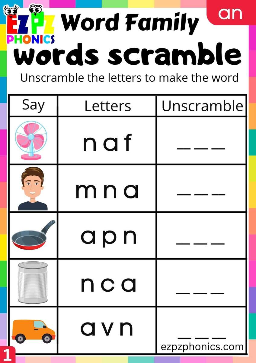 AN Words Words Scramble Phonics Word Families Worksheet Ezpzphonics Free An Word Family Worksheets Teach Prints