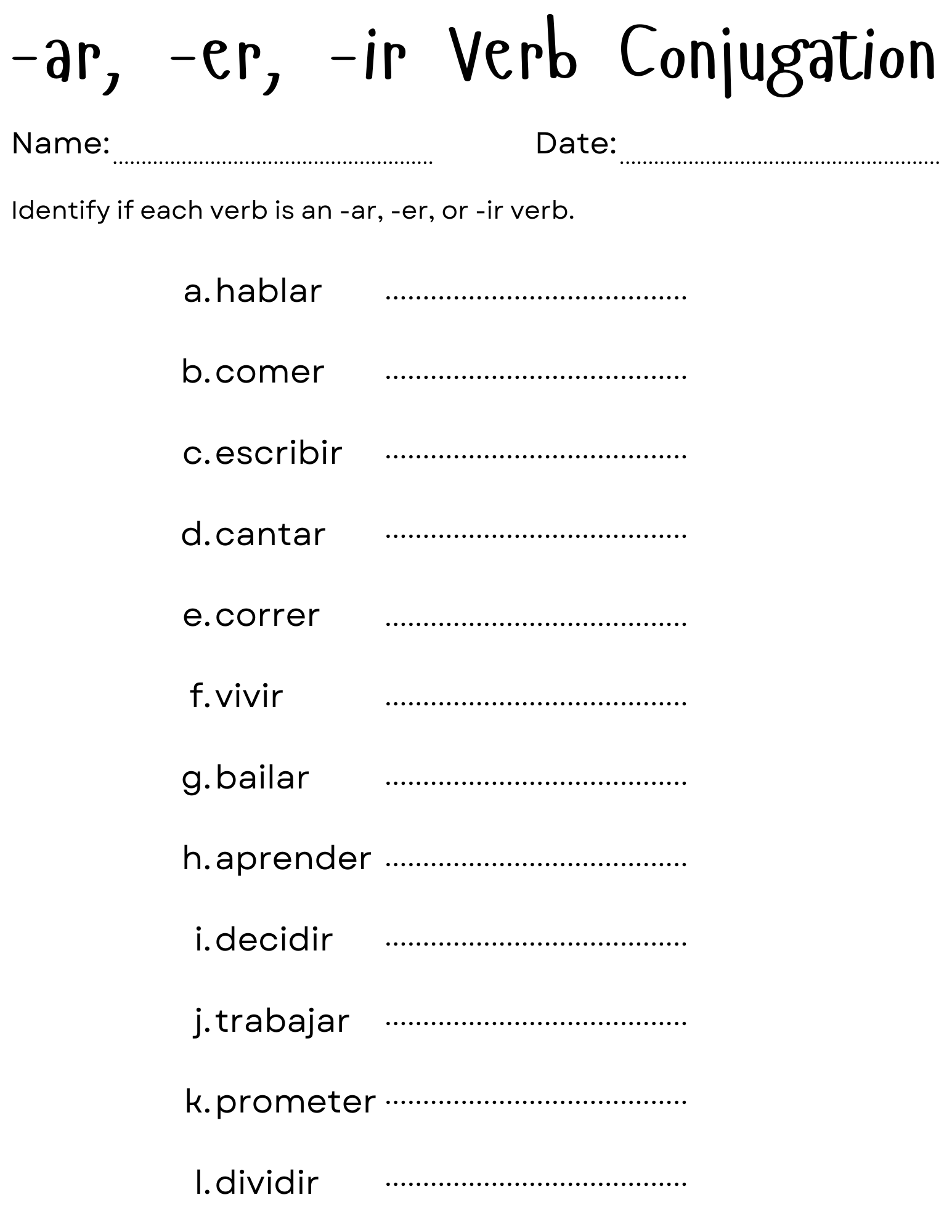 Ar Er Ir Verbs In Spanish Practice Worksheet Teaching Resources Ar Er And Ir Verb Conjugation In Spanish Worksheet Worksheets Library