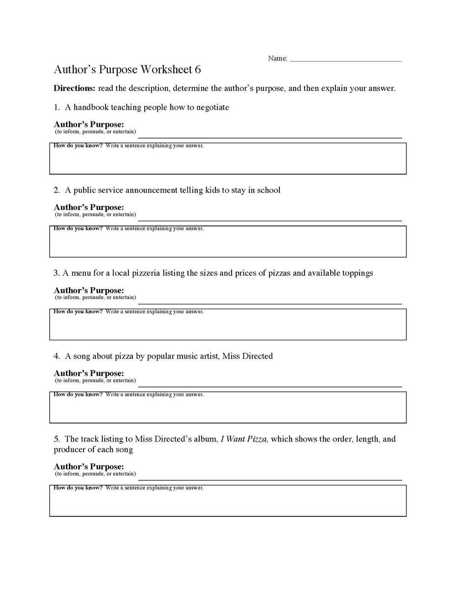 Author s Purpose Worksheet 6 Reading Activity