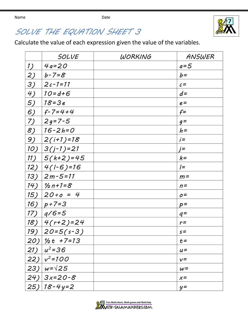 Basic Algebra Worksheets Basic Algebra Worksheets
