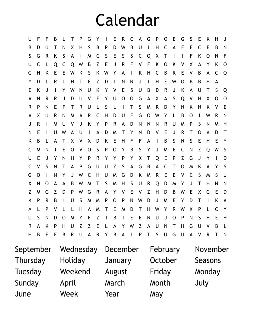 Calendar Word Search WordMint Calendar Word Search WordMint