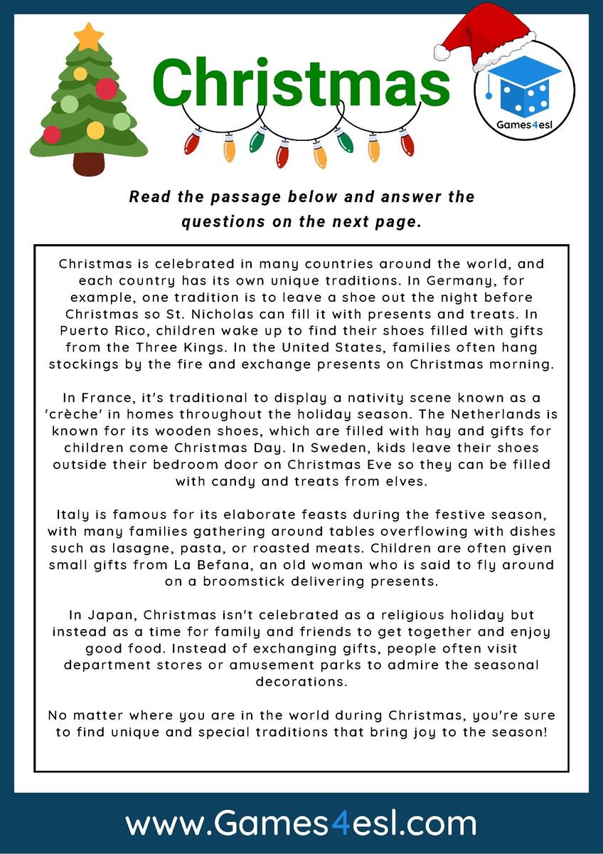 Christmas Reading Comprehension Worksheet Games4esl Christmas Reading Comprehension Worksheet Games4esl