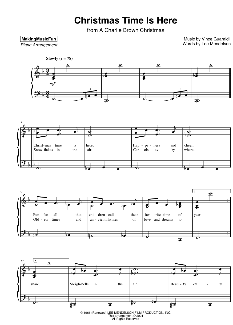 Christmas Time Is Here Charlie Brown Easy Piano Sheet Music The Piano Student
