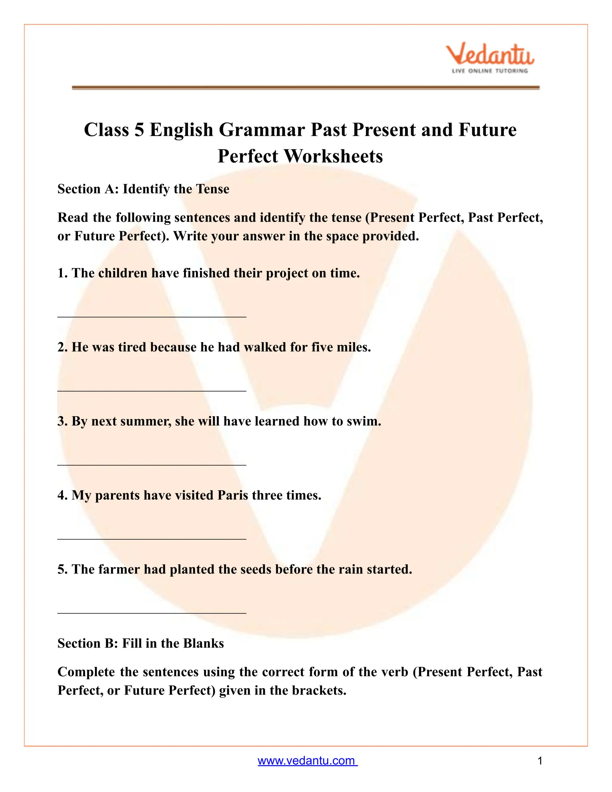 Class 5 English Grammar Past Present And Future Perfect Worksheet Class 5 English Grammar Past Present And Future Perfect Worksheet