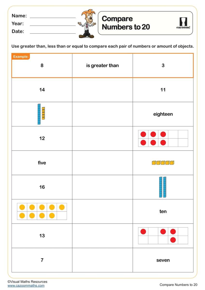 Comparing Numbers To 20 Worksheet Year 1 PDF Number Worksheets