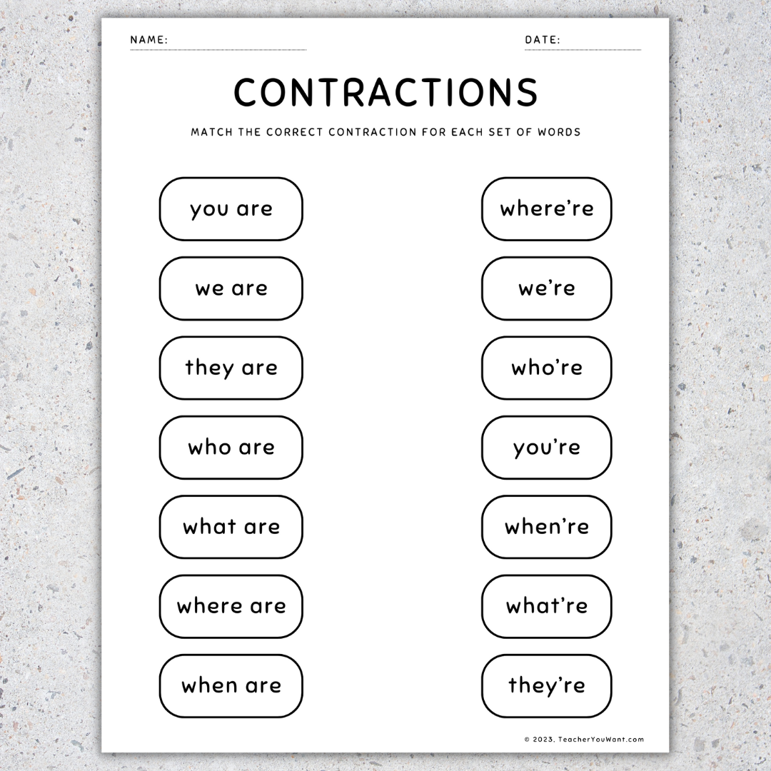 Contractions Worksheets Matching Game Activity Assessment Made By Teachers Contractions Worksheet Second Grade Teaching Blog
