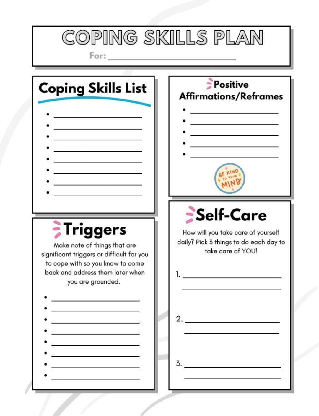 Coping Skills Worksheet Etsy Coping Skills Worksheet Etsy