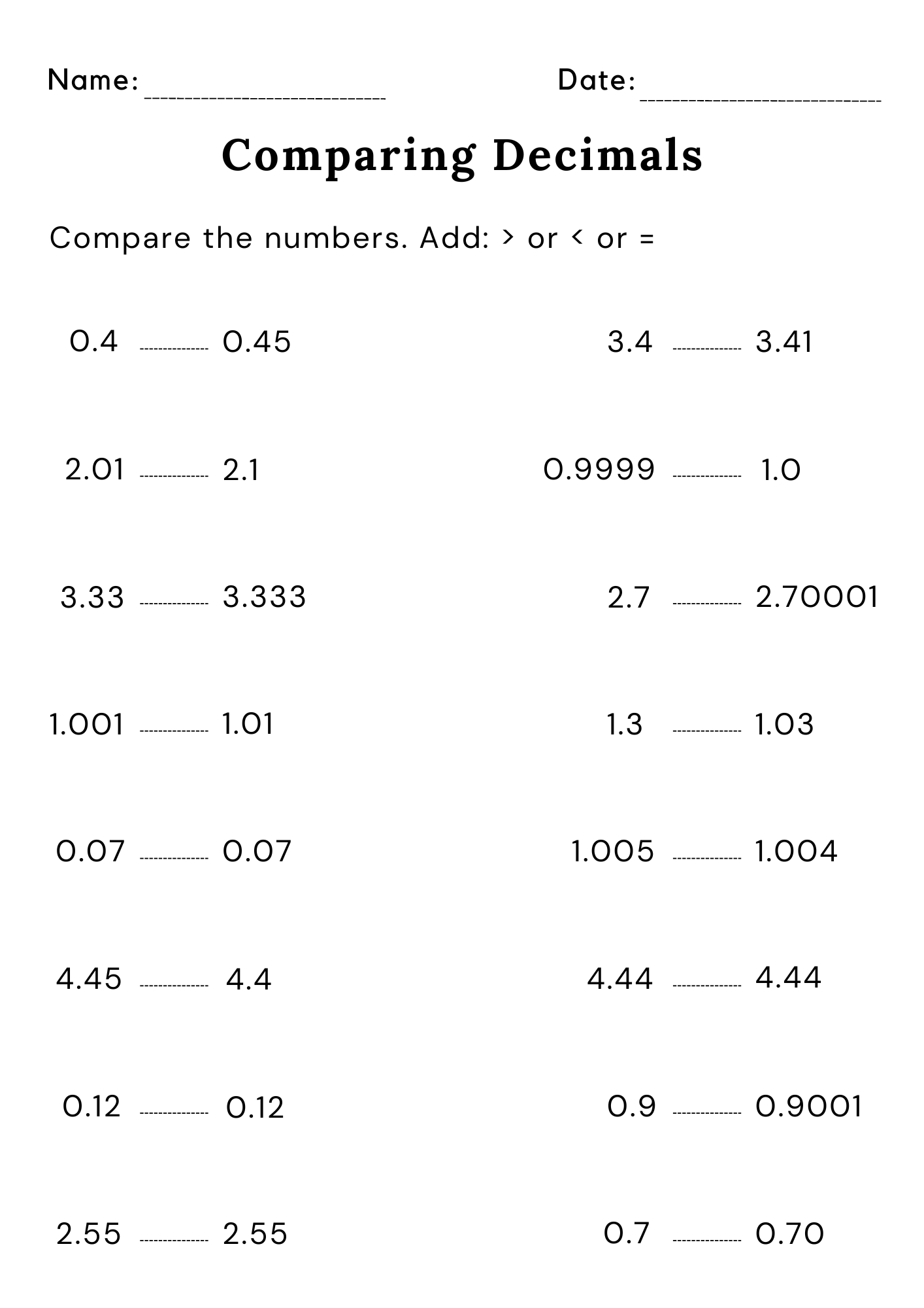 Comparing Decimals A Printable PDF Year 4 Fractions Worksheet