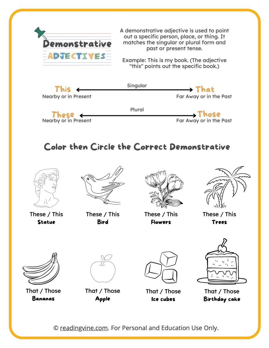 Demonstrative Adjectives Coloring Worksheet ReadingVine Demonstrative Pronouns Grammar Activity Worksheets Grade 1 2 3 Made By Teachers