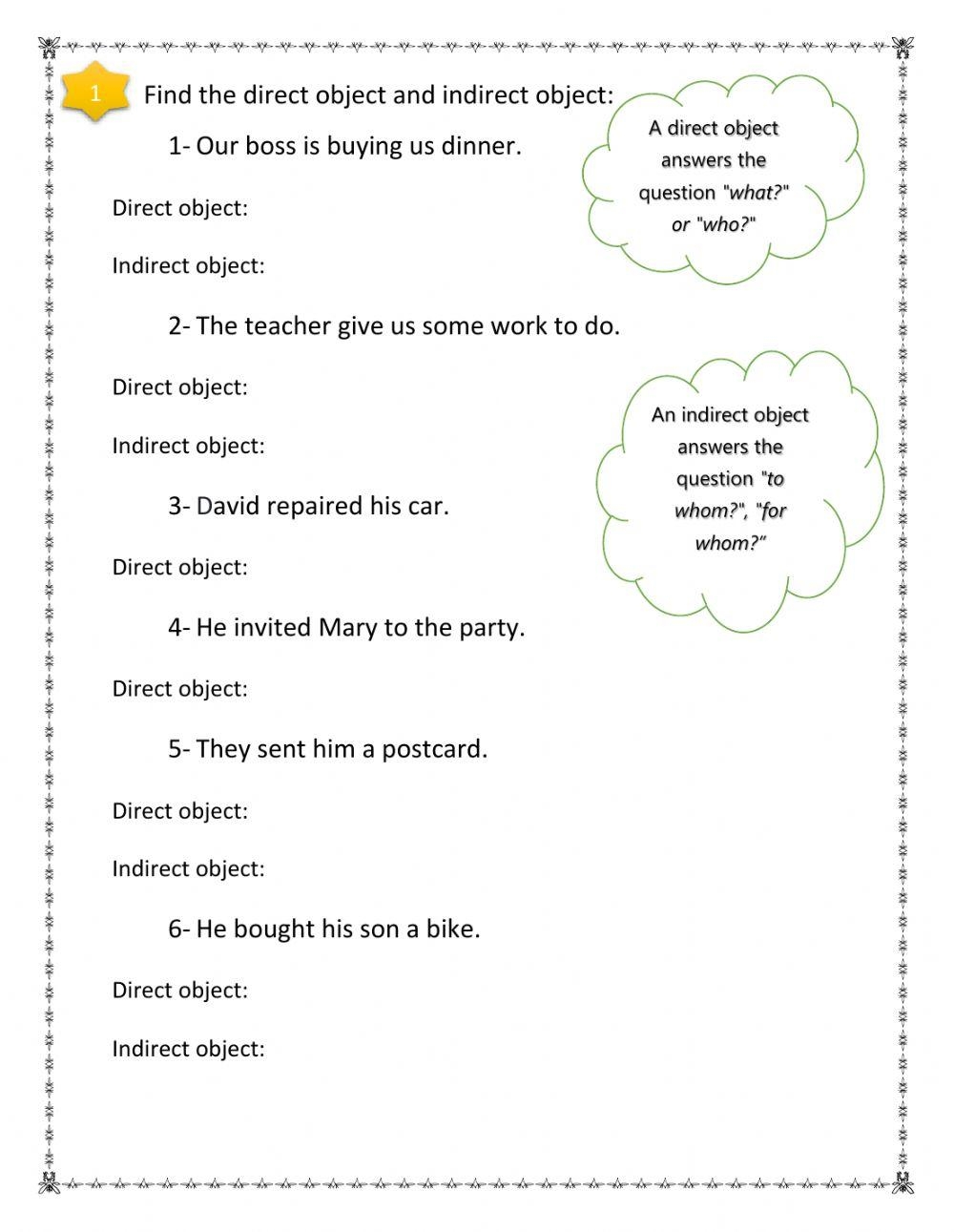 Direct And Indirect Object Worksheet Practice Exercises For Grammar Mastery