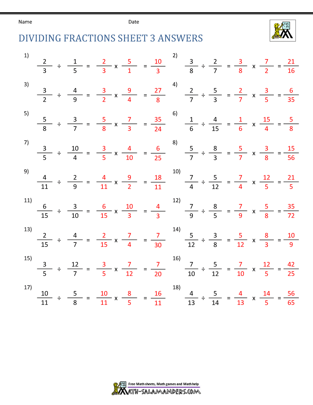 Dividing Fractions Worksheet Dividing Fractions Worksheet