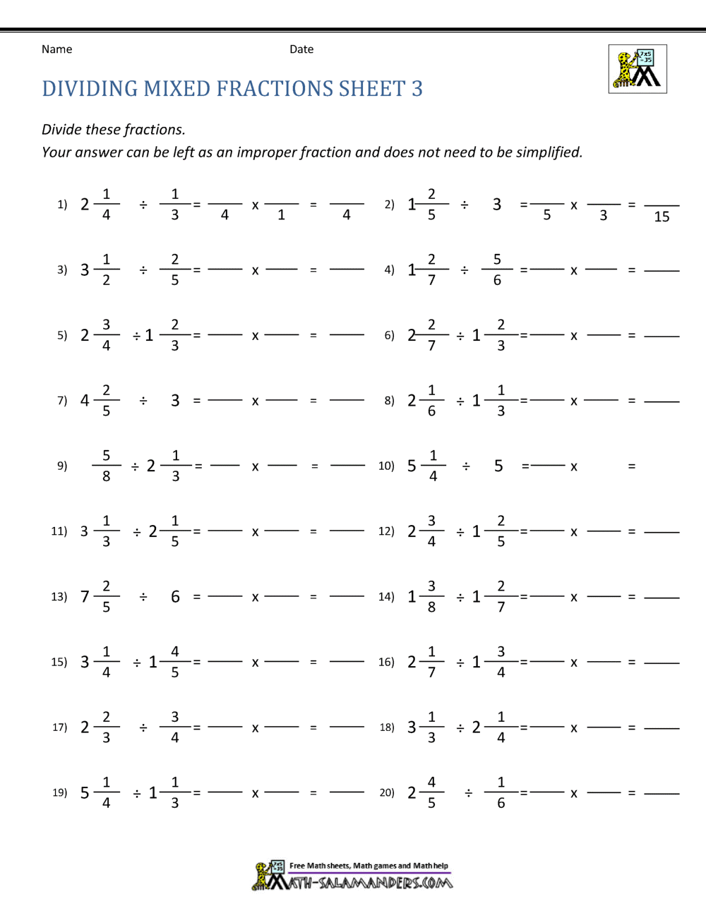 Dividing Mixed Fractions Worksheet Dividing Mixed Fractions Worksheet