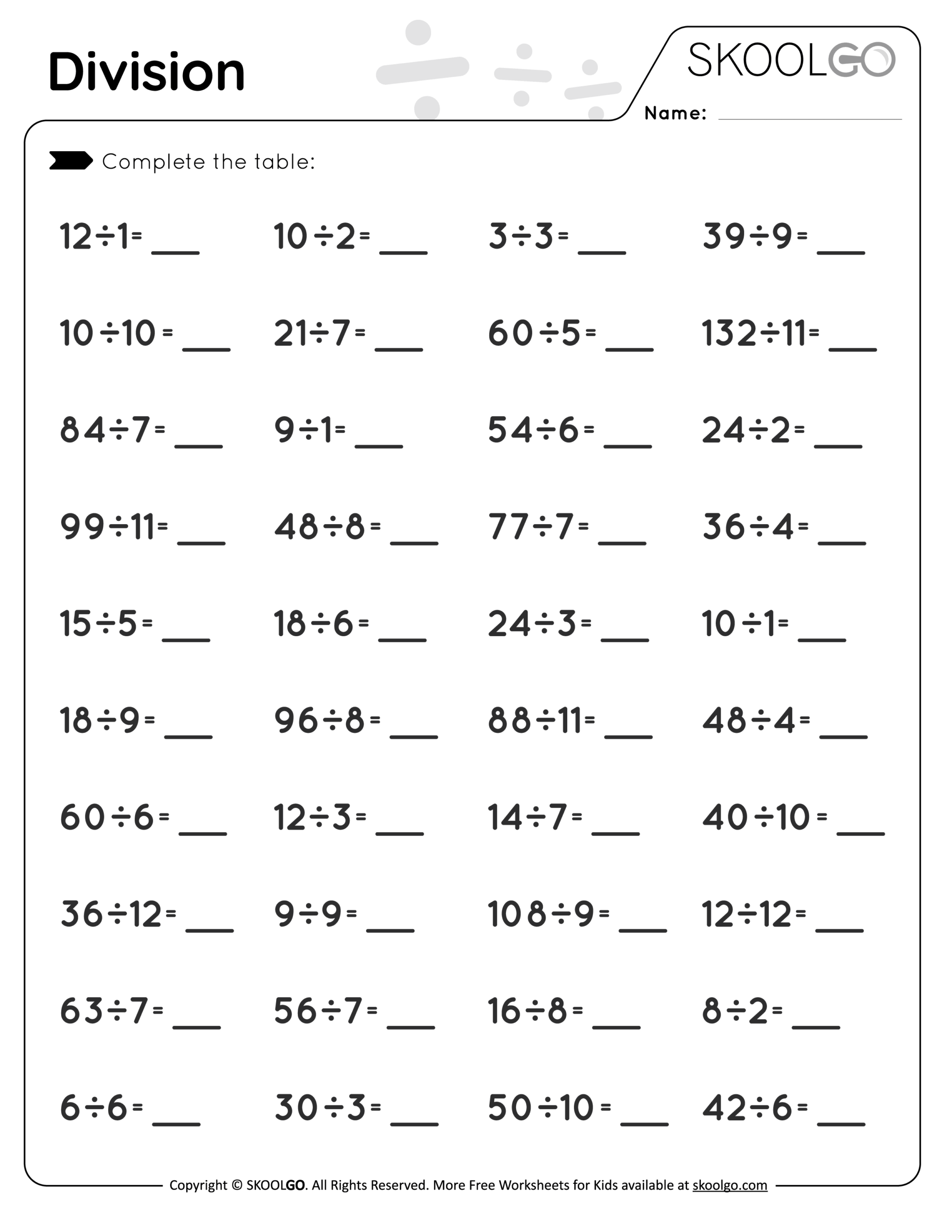 Division Free Worksheet SKOOLGO Division Free Worksheet SKOOLGO