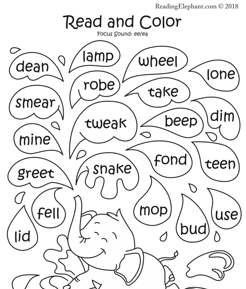 ElephantSplashing Ee Ea Pic2 Reading Elephant Long E Worksheets And Activities Vowel Teams EE EA IE Made By Teachers