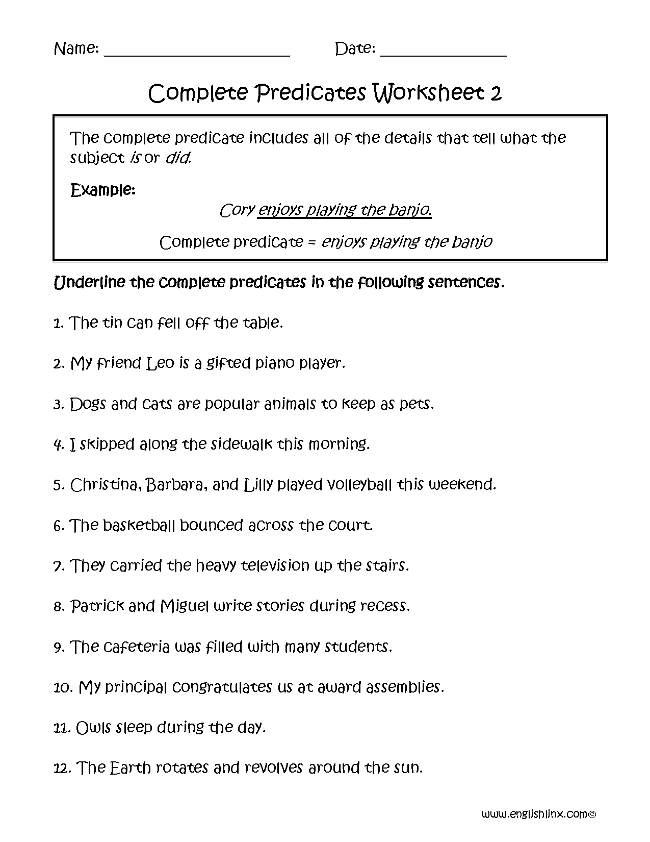 Englishlinx Subject And Predicate Worksheets