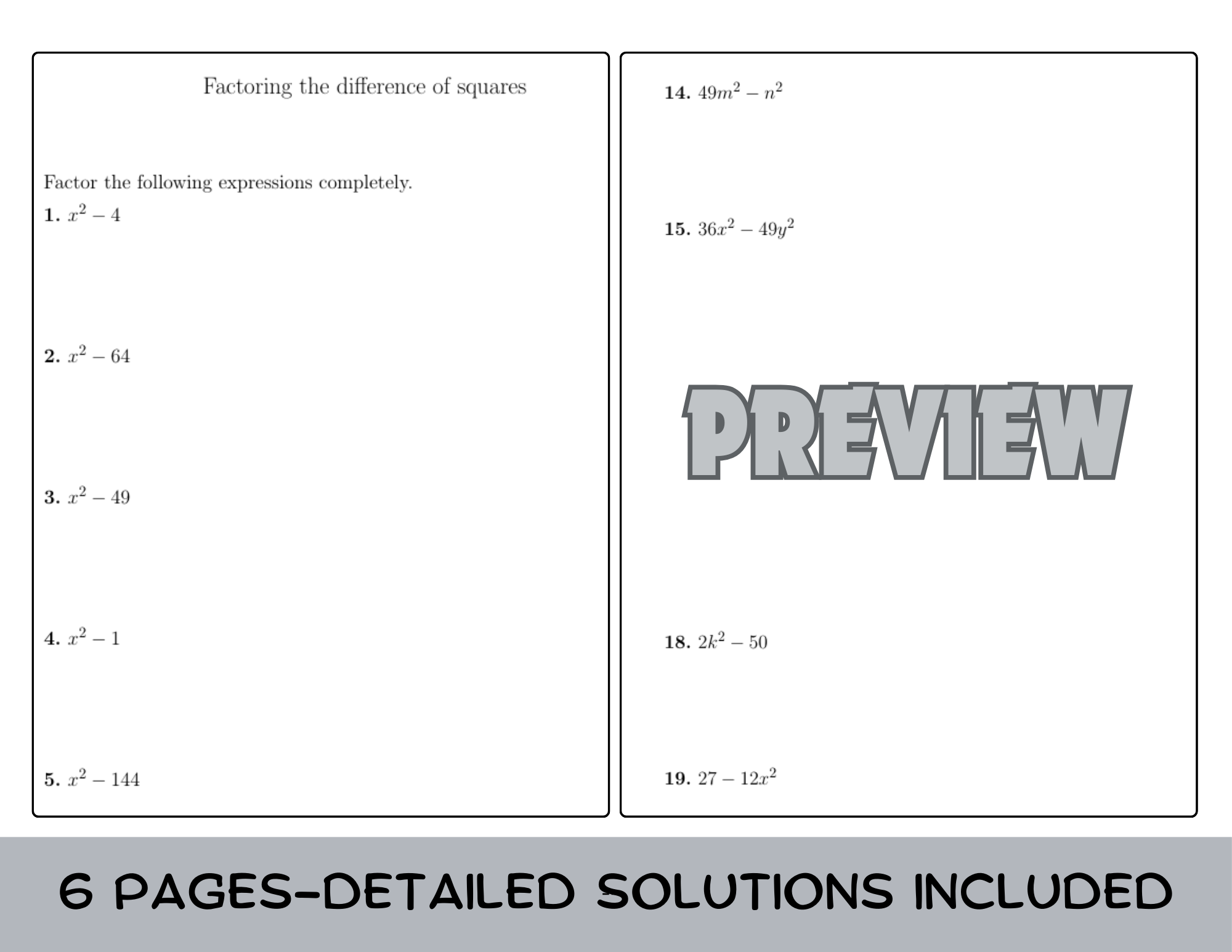 Factoring Difference Of Squares Worksheet With Detailed Solutions Teaching Resources Factoring Difference Of Squares Worksheet With Detailed Solutions Teaching Resources