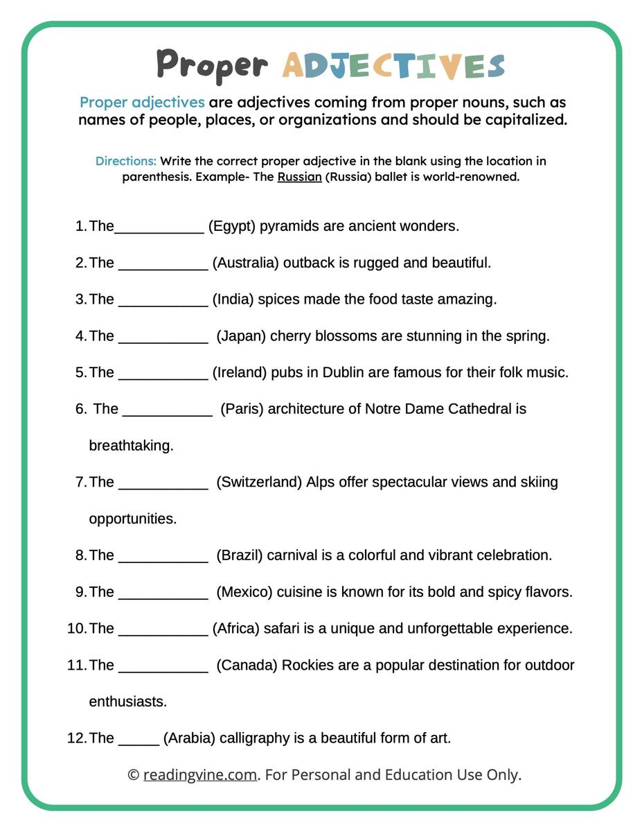 Fill In The Blanks Proper Adjectives Worksheet ReadingVine