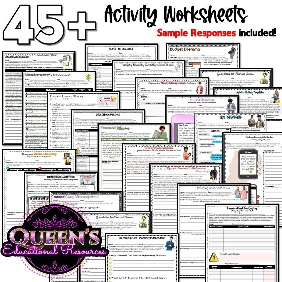 Financial Literacy Activities Money Management Worksheets Budgeting Classful