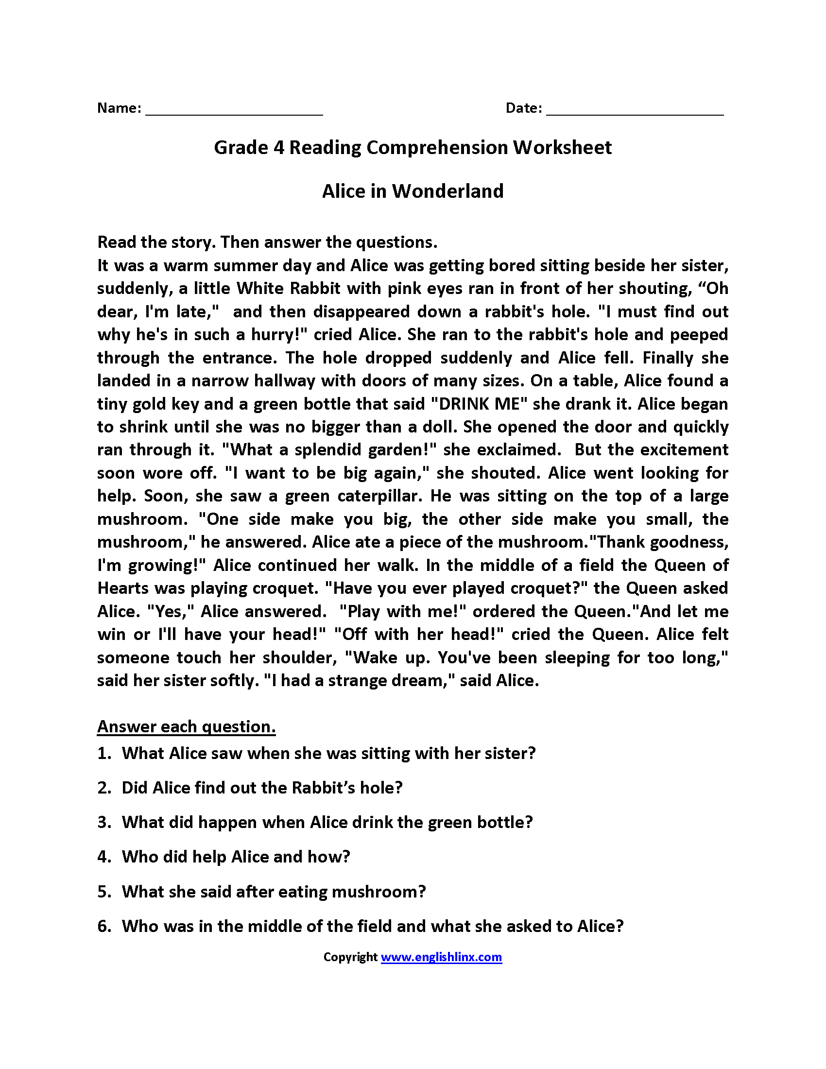 4th Grade Reading Comprehension Worksheets Worksheets Library