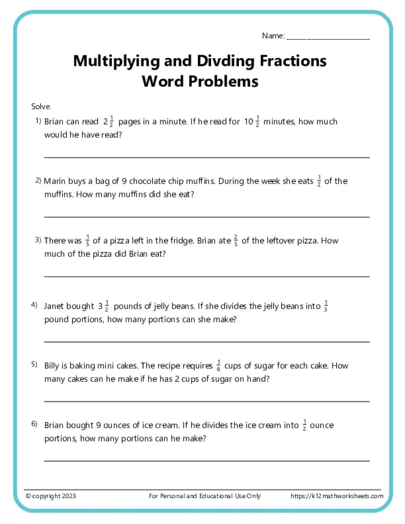 Fraction Word Problems Worksheets K12 Math Worksheets Word Problems Worksheets With Answers Printable PDF Math Worksheets Cazoom Math
