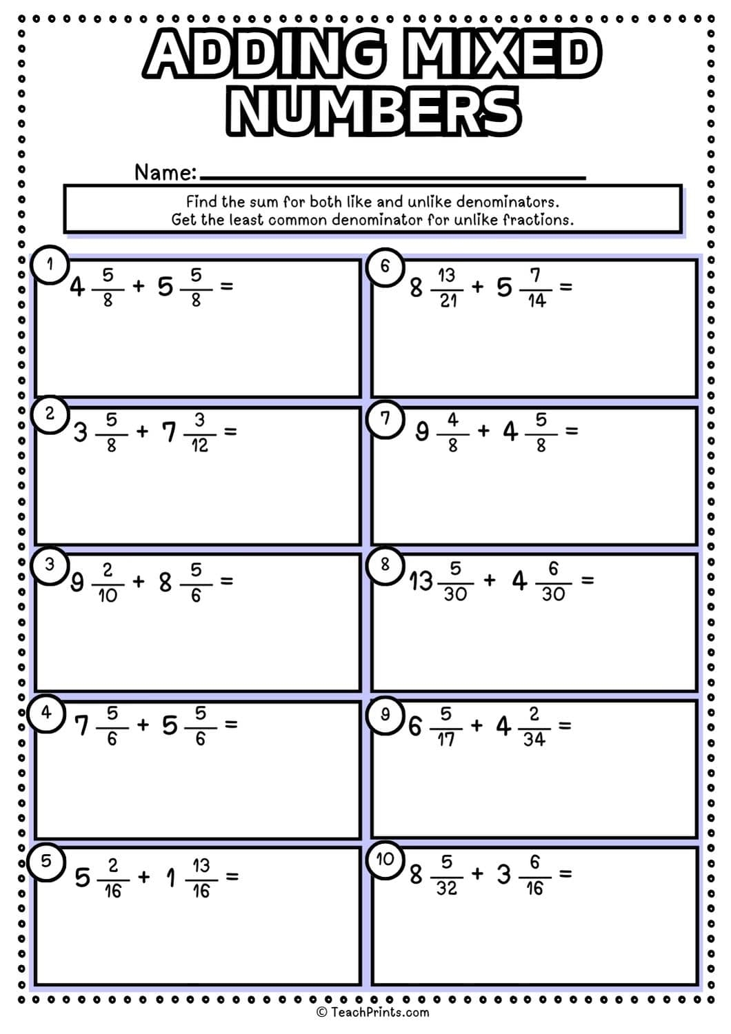 Free Adding Mixed Numbers Worksheets Teach Prints Adding Subtracting Fractions Worksheets