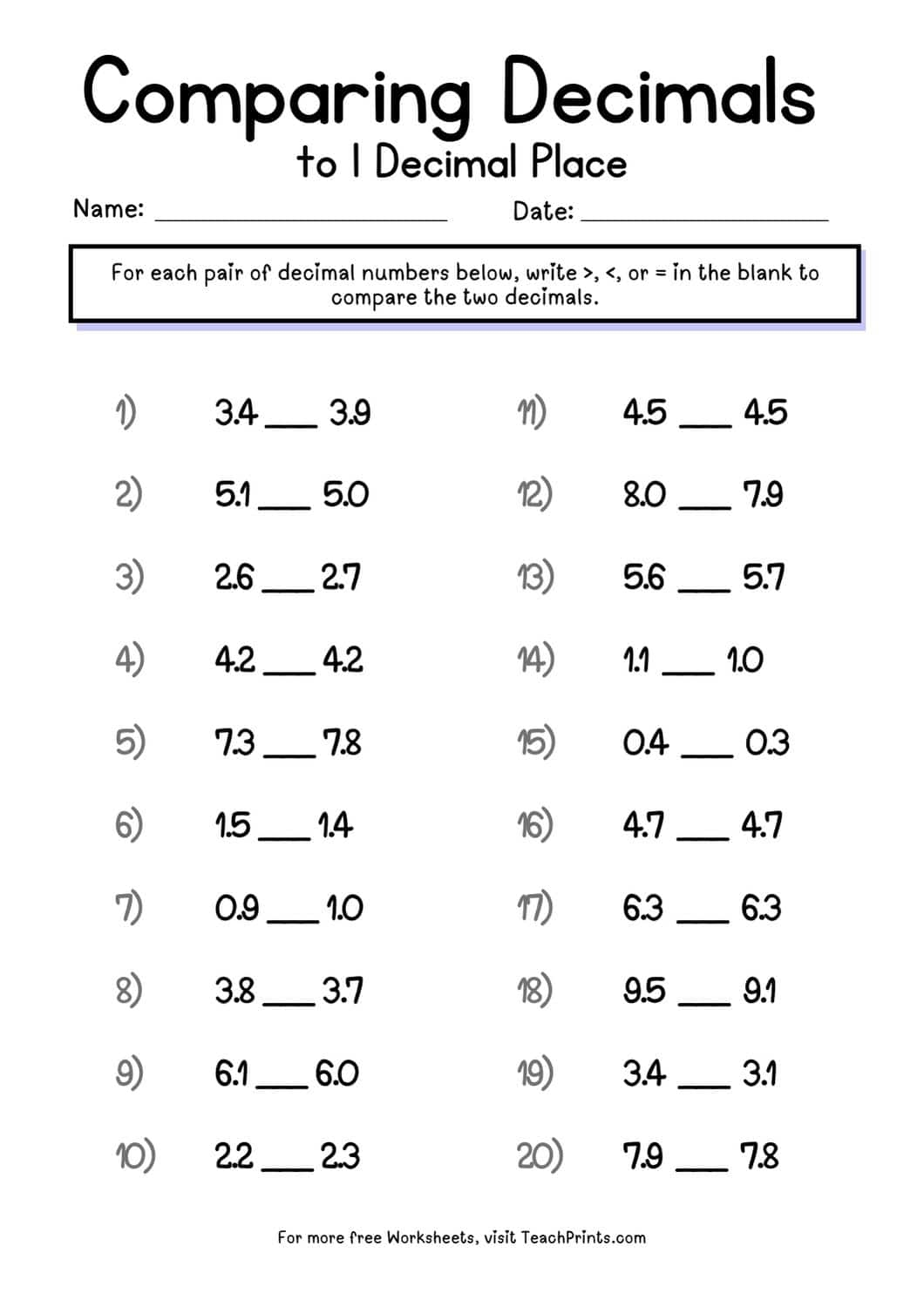 Free Comparing Decimals Worksheets Teach Prints