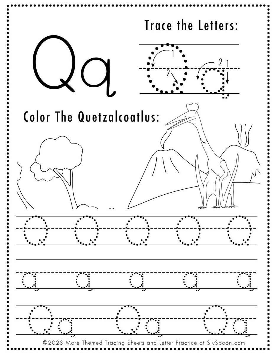 Free Letter Q Tracing Worksheet Printable Dinosaur Themed Sly Spoon 11 Letter Q Worksheets Free Printables Literacy Learn