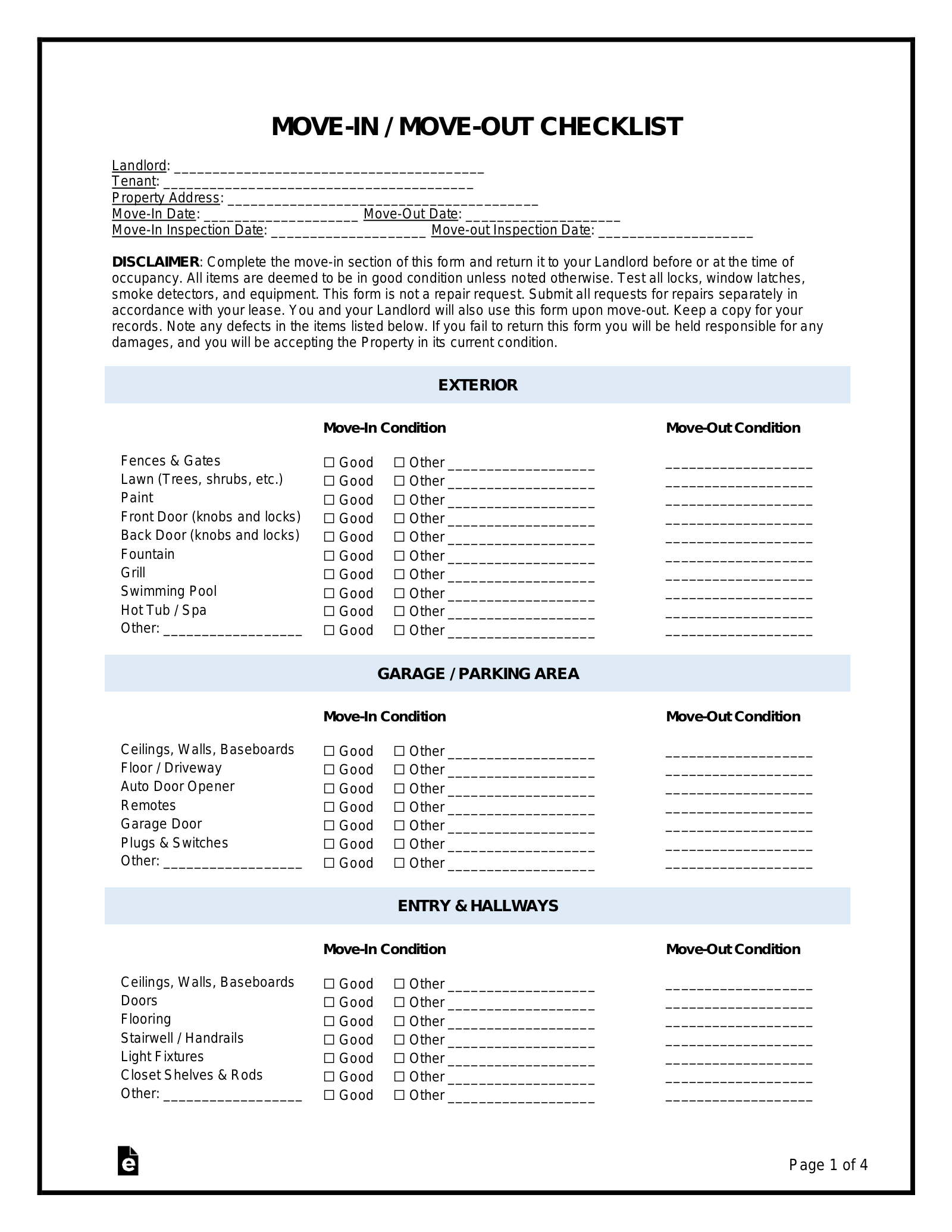 Free Move In Move Out Checklist Form Tenant PDF Word EForms Free Move In Move Out Checklist Form PDF Word