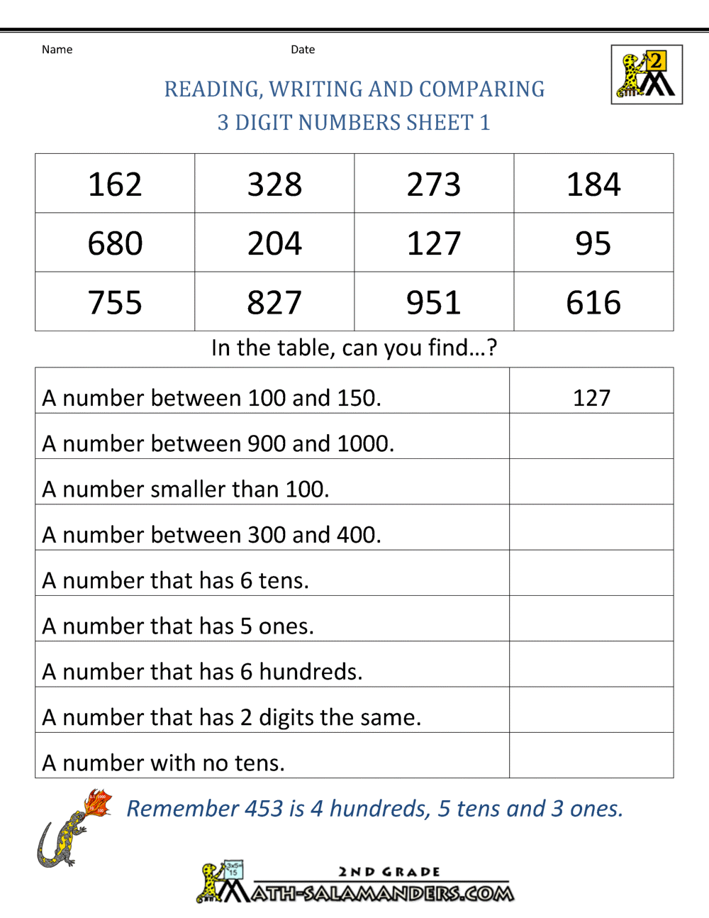 Free Place Value Worksheets Reading And Writing 3 Digit Numbers