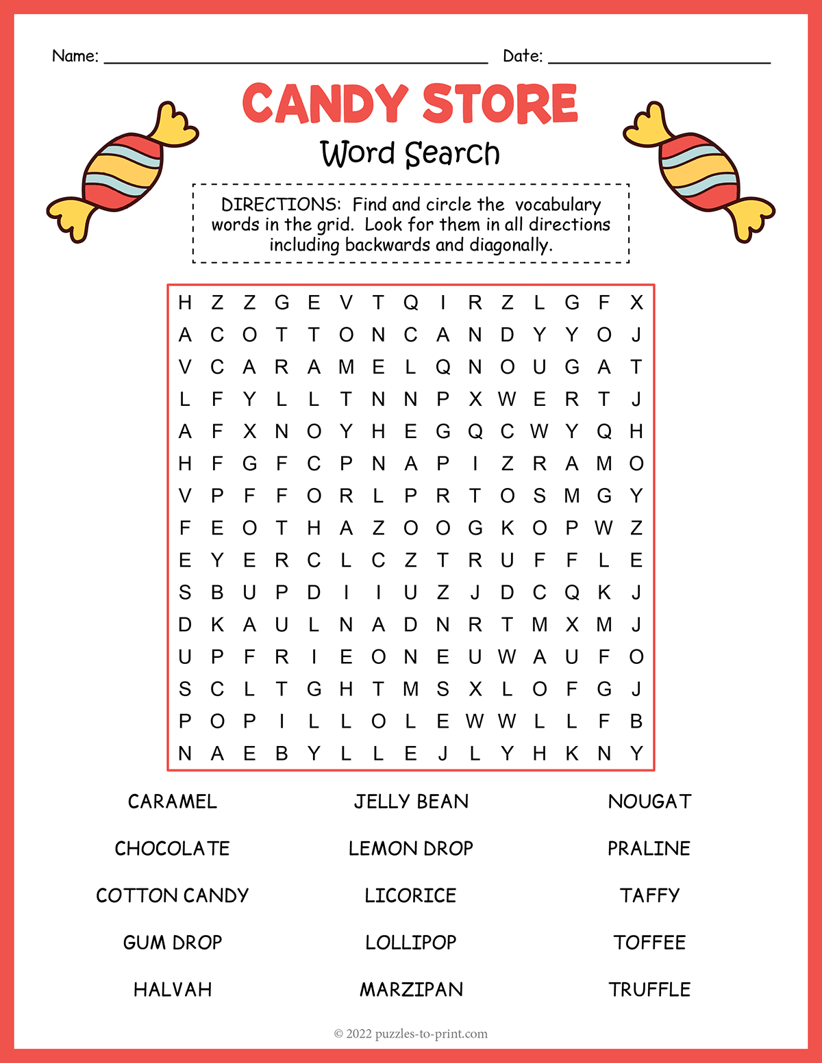 Free Printable Candy Word Search