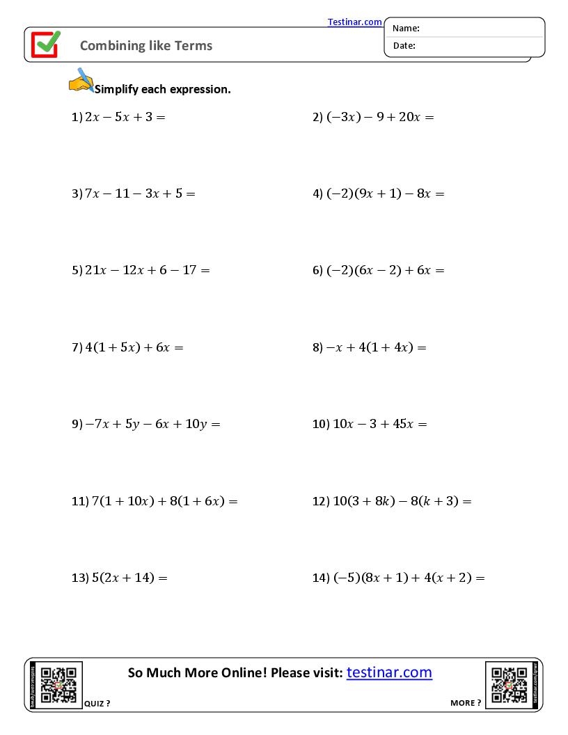 FREE Printable Combining Like Terms Worksheets FREE Printable Combining Like Terms Worksheets