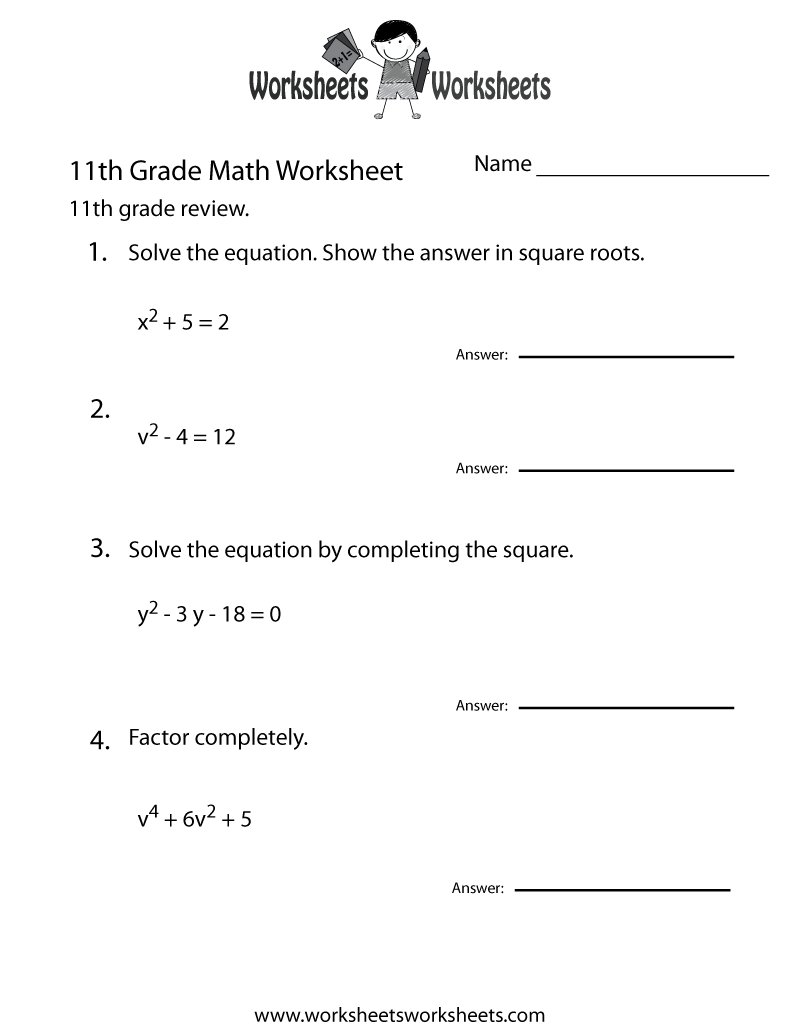 Free Printable 11th Grade Math Review Worksheet