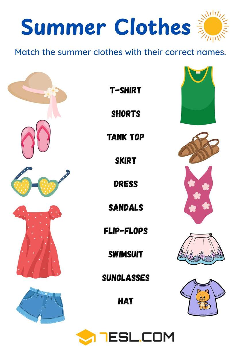 Free Printable Summer Clothes Worksheets PDF For Kids 7ESL