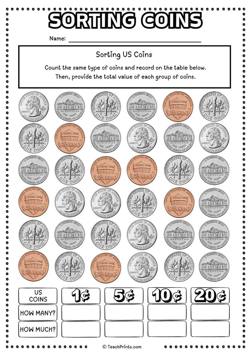 Free Sorting Coins Worksheets Teach Prints Money Counting Back Change PBS LearningMedia